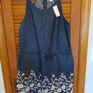 Tieback sundress, denim with white embroidery.